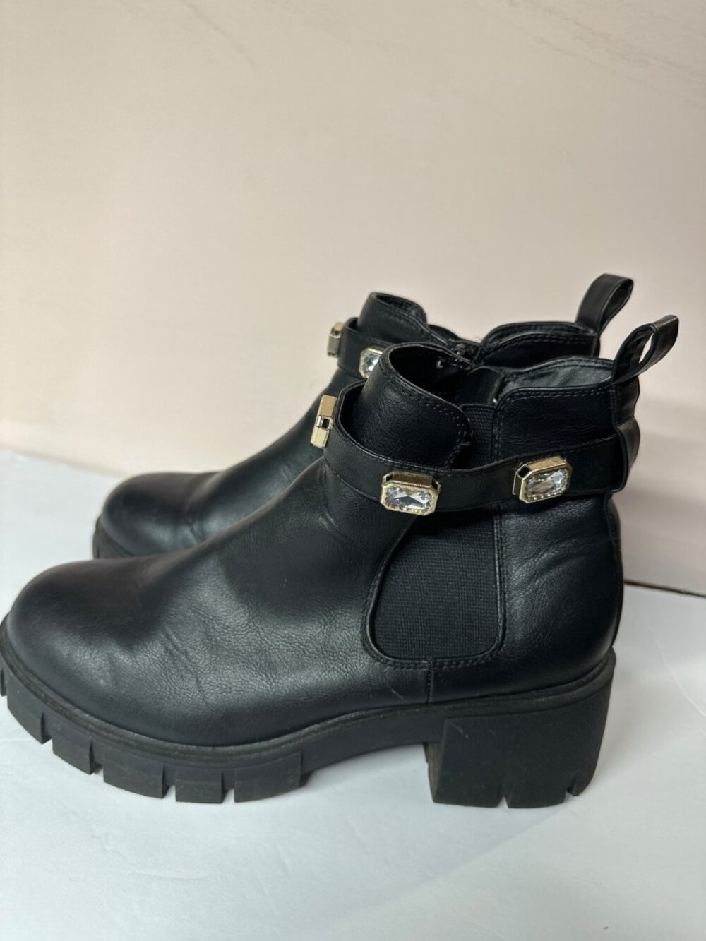 Madden NYC Black Lug Sole Rhinestone Ankle Boots Chunky Block Heel Size 10